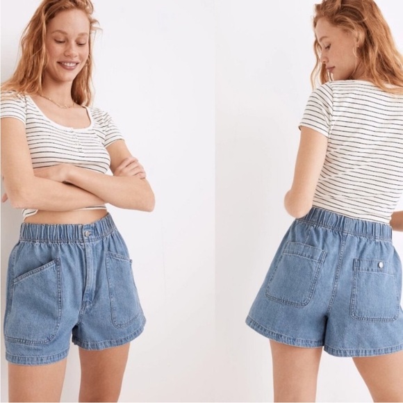 Madewell denim gathered-waist shorts.  Shorts - Picture 2 of 6